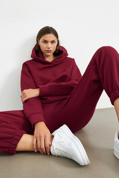 Bordo Beli Lastikli Jogger Eşofman Altı